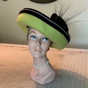 Fabulous Chartreuse 1980’s hat with rhinestones and black trim